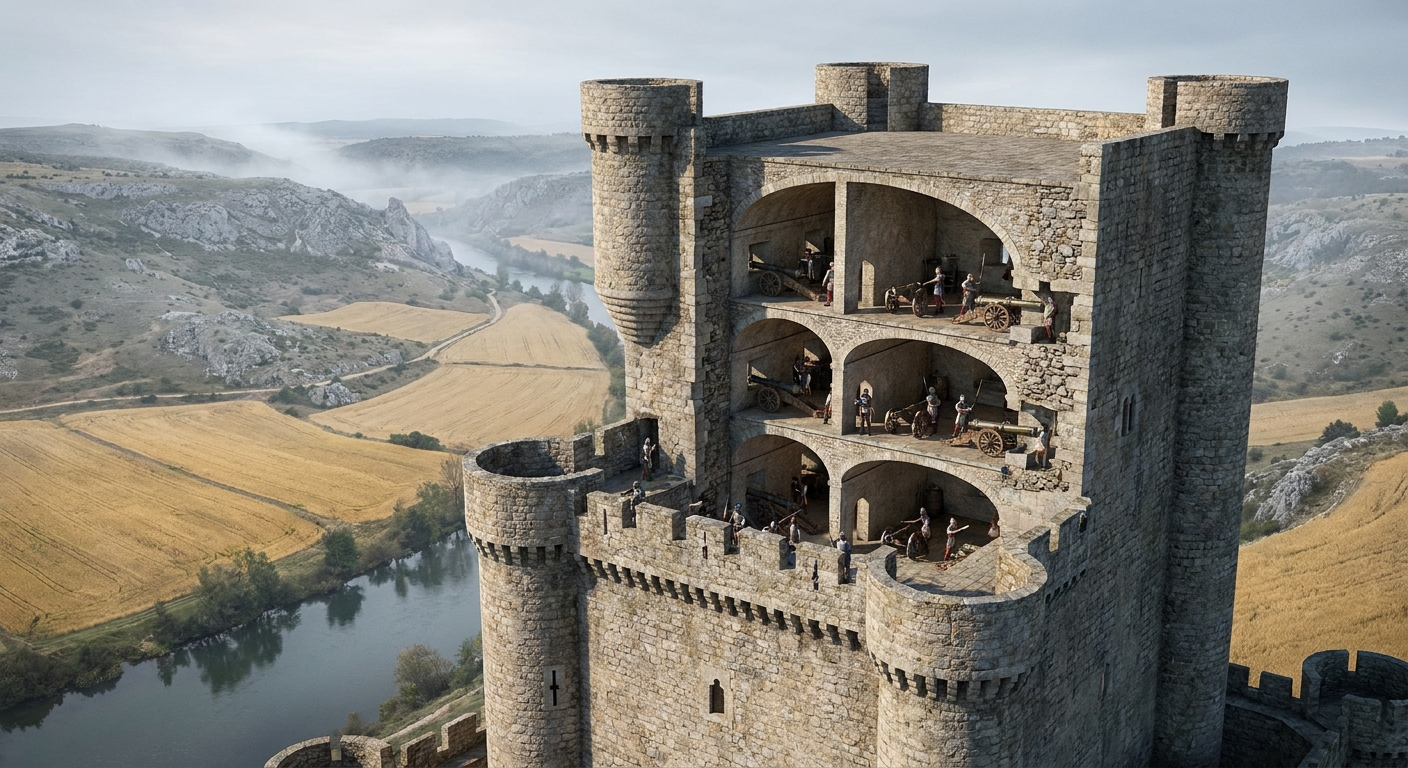 Diseño artillero del Castillo de Cea: sección de la planta con las cuatro torrecillas de flanqueo y las bóvedas para cañones del siglo XV