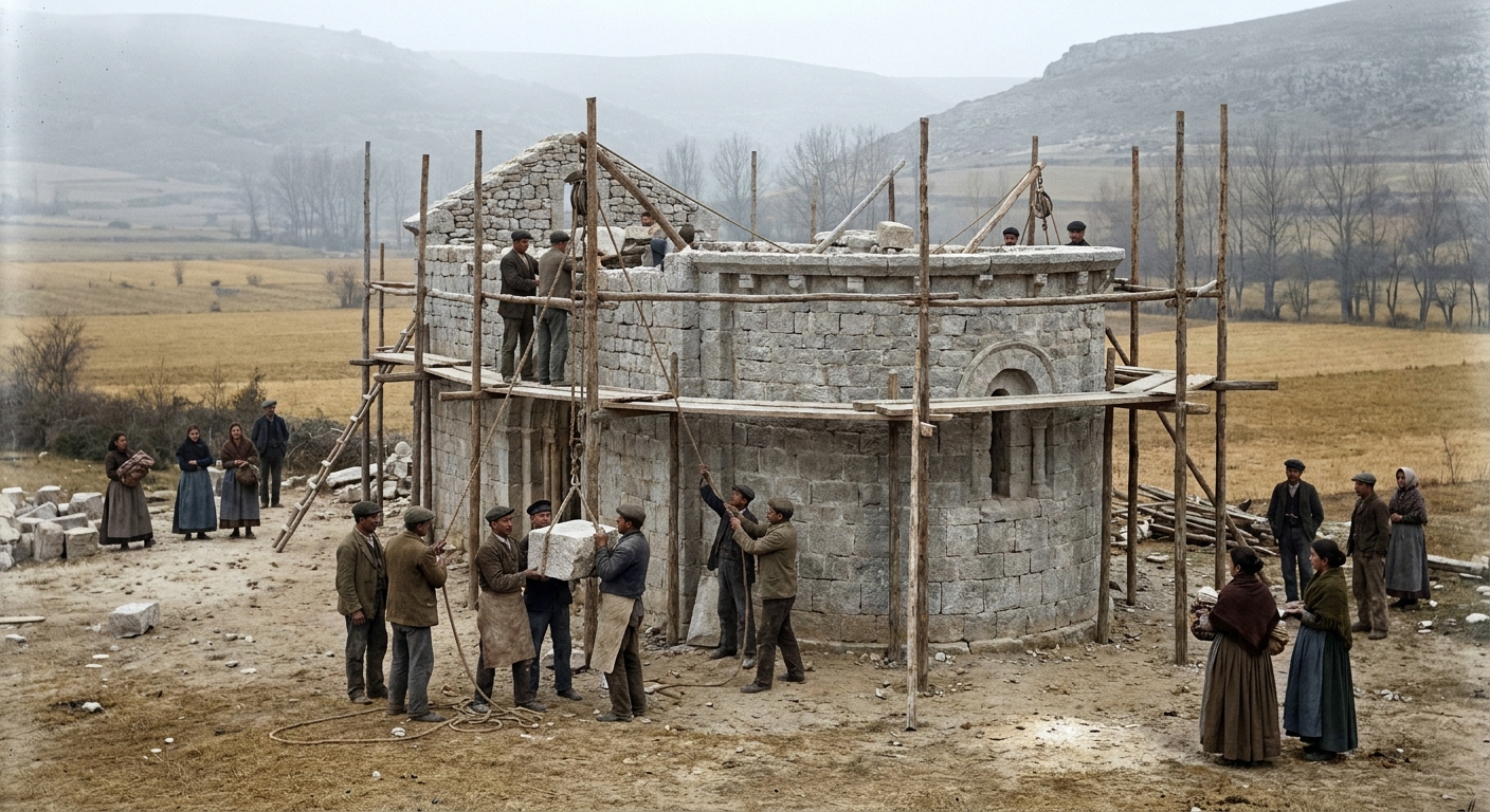 La iglesia de Santa María de Cea en construcción en 1909, levantada con piedras del castillo medieval
