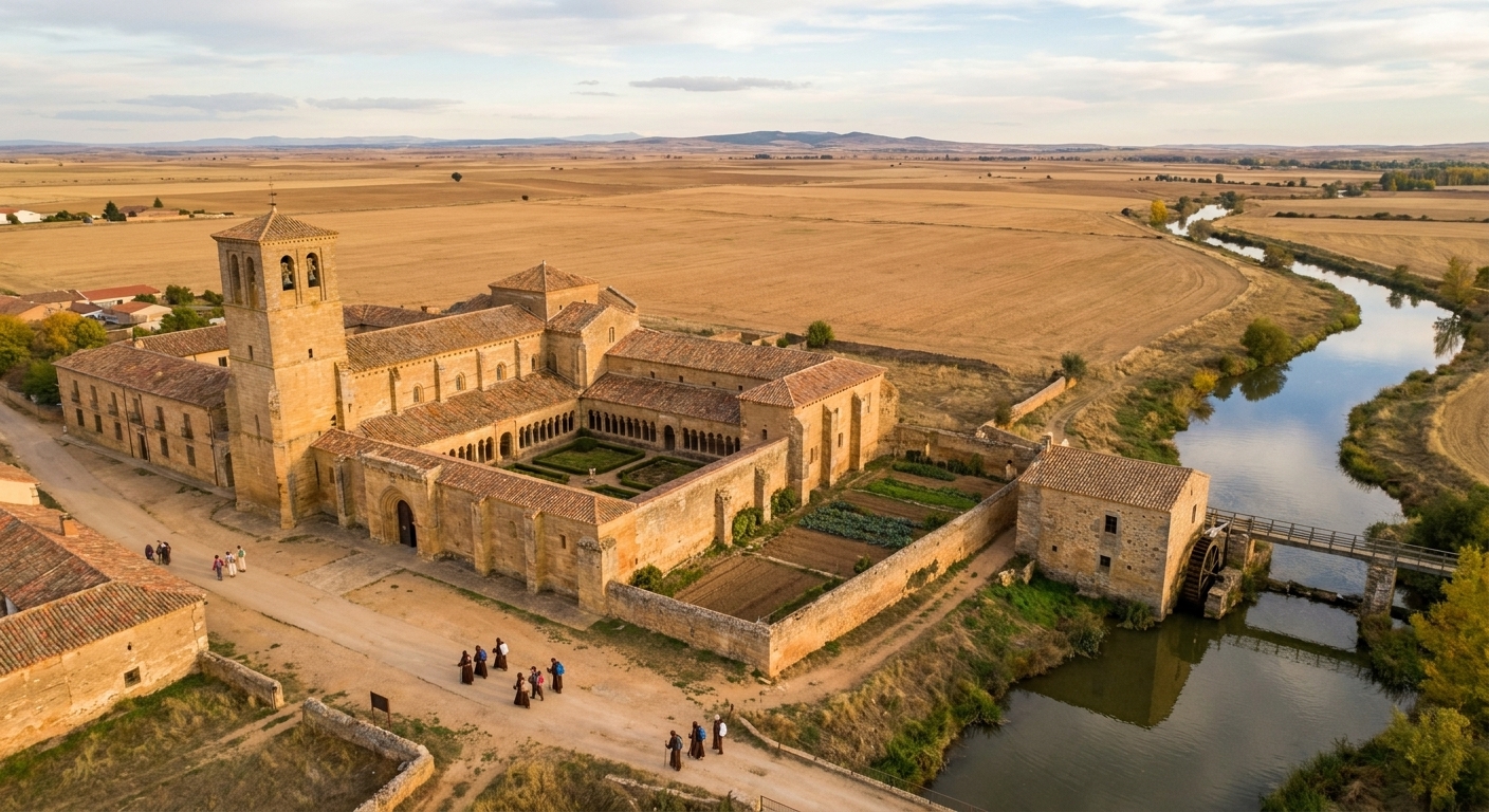 Cea hoy: vista aérea de la villa leonesa al atardecer con la torre del castillo, el puente medieval y los campos de cereal