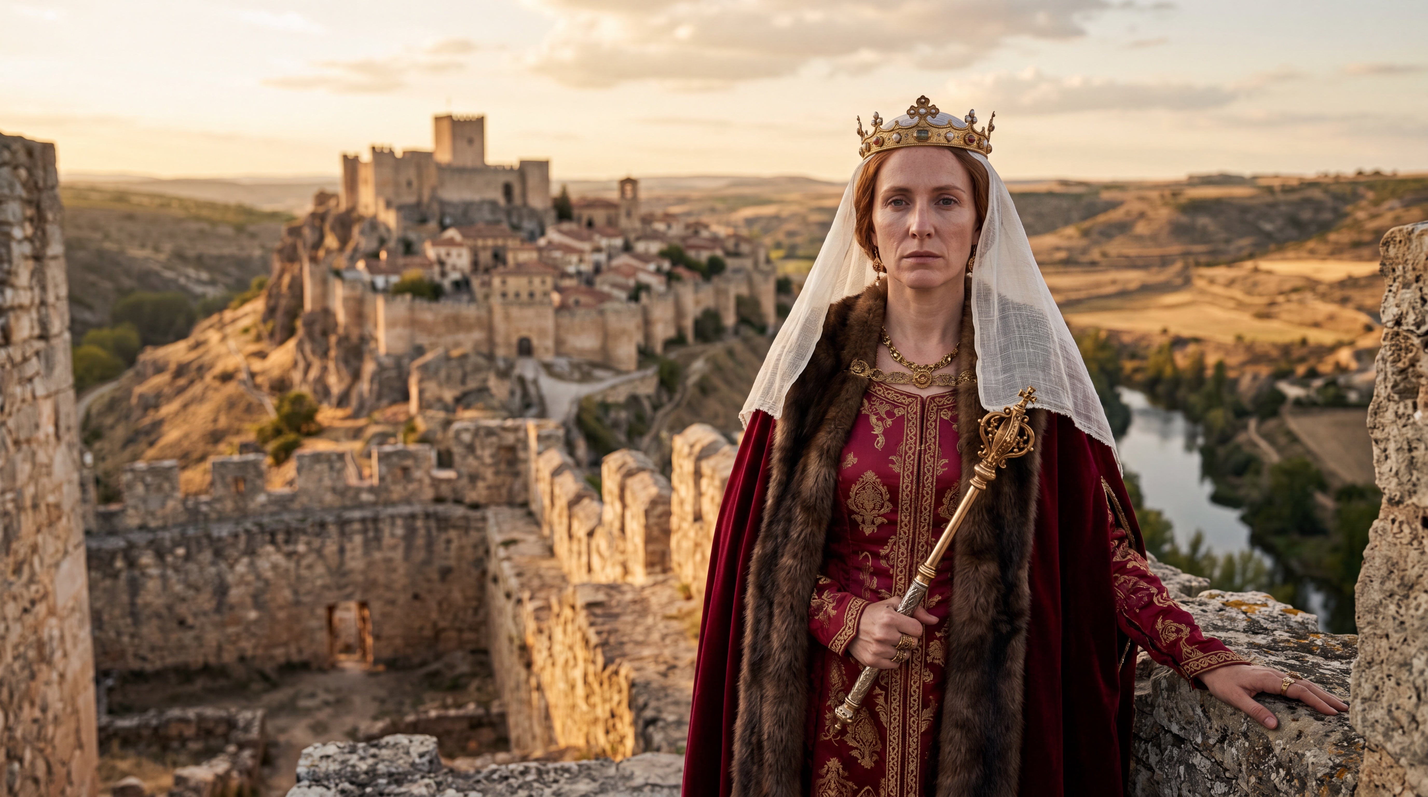 Recreación de Urraca I de León, primera reina por derecho propio de Europa, sobre los adarves de un castillo medieval con el valle del Cea al fondo